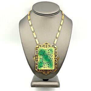 Vintage VENDOME Asian Faux Jade Green Pagoda Statement Necklace Gold Tone 16"